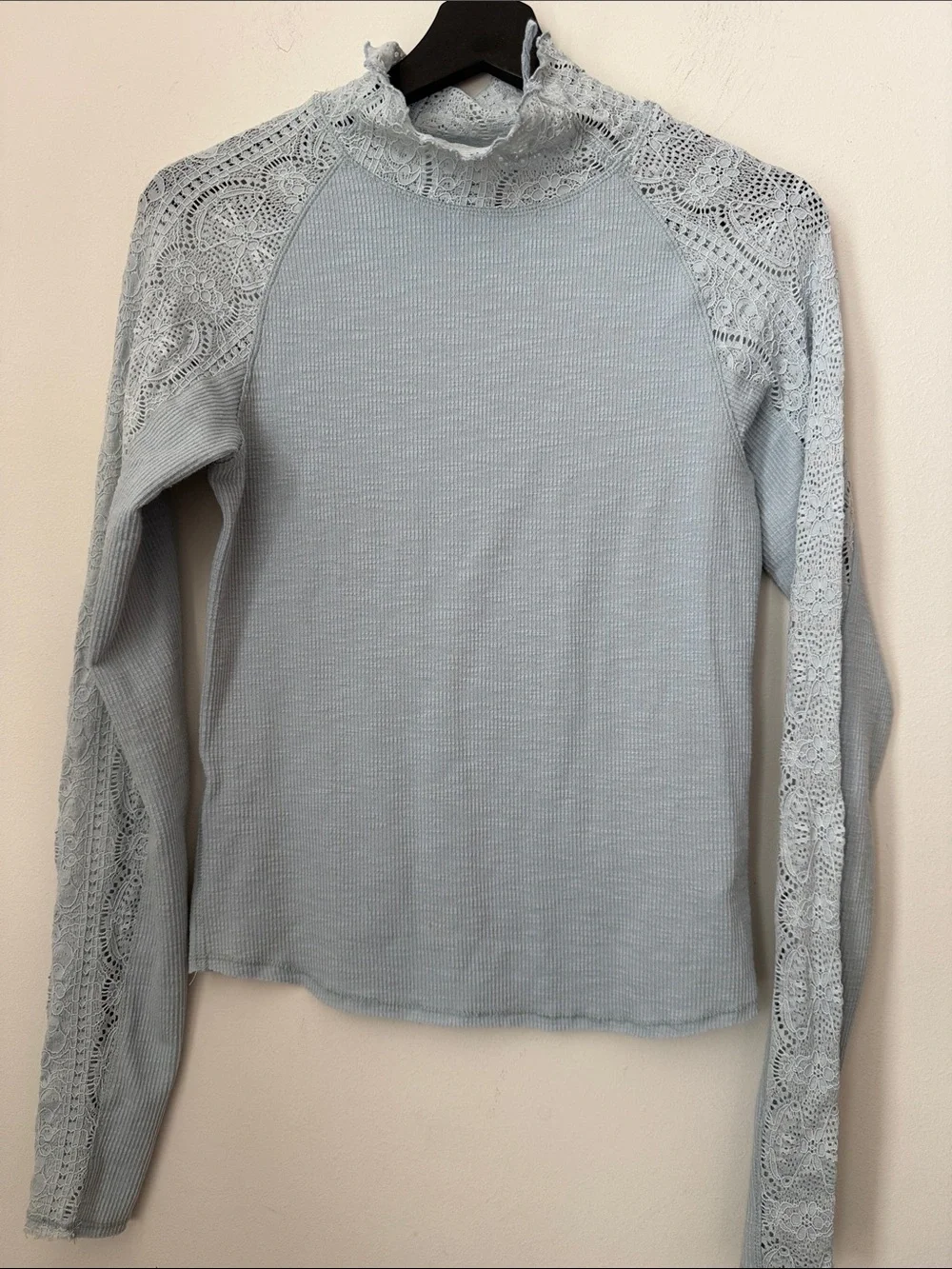 Free People Light Blue Lace-Trim Mock Neck Long Sleeve Top Size M